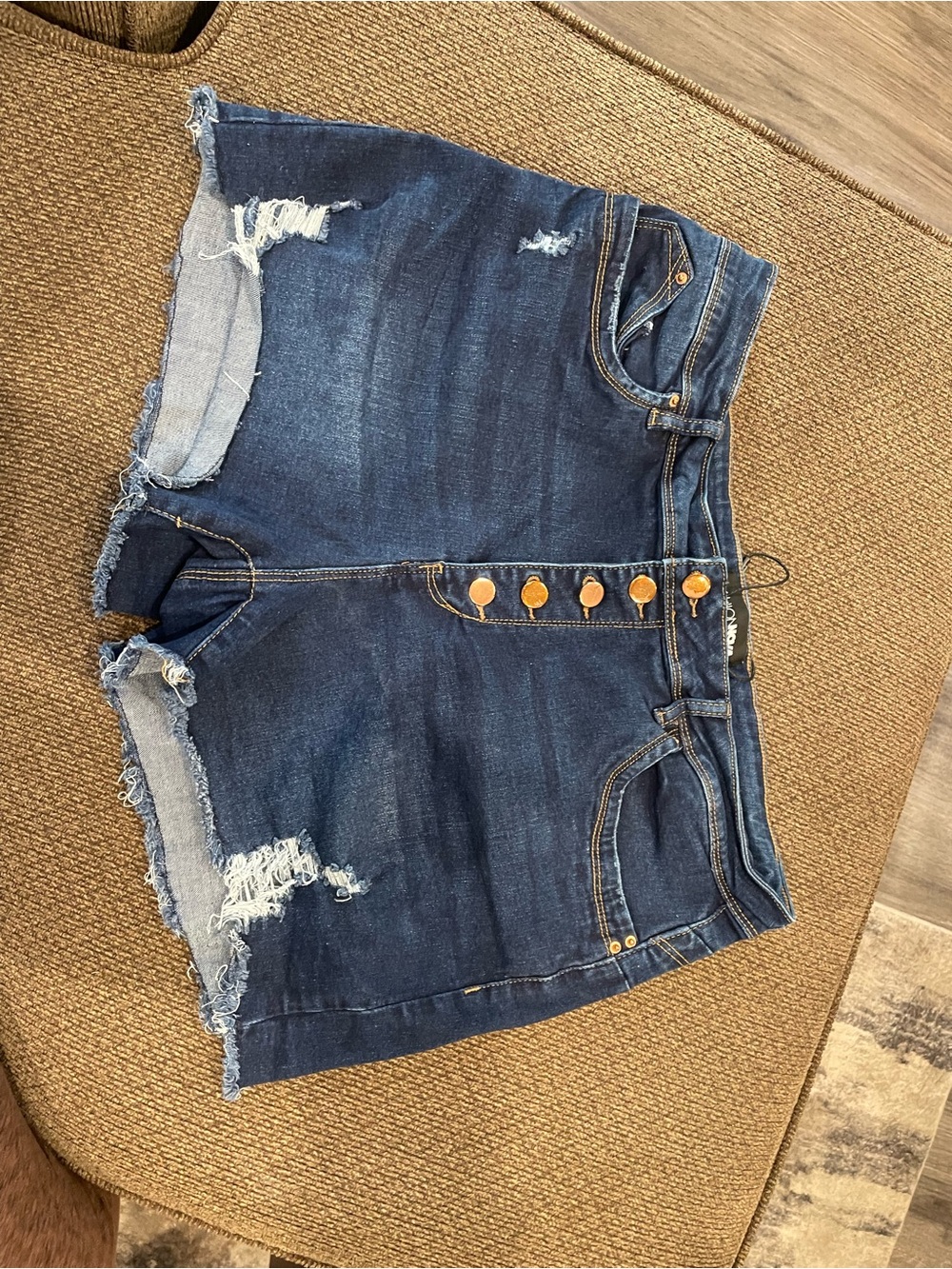 Fashion Nova Dark Blue Distressed Button-Fly Denim Shorts